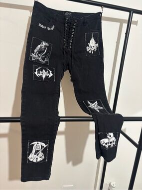 Widow Black Lace-Up Slim Straight Jeans with White Graphic Patches